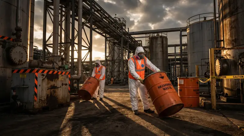 Alliance hazmat crew handling hazardous waste drums